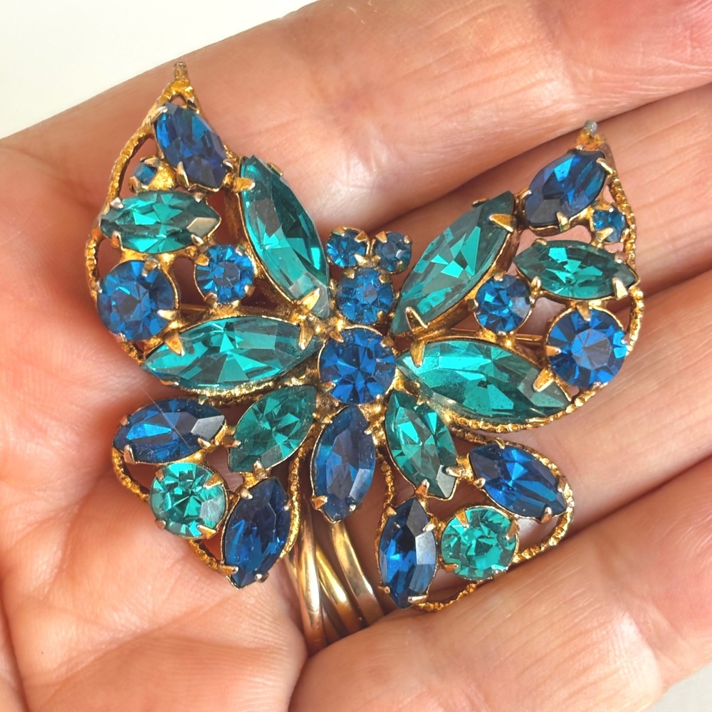 Vintage Regency Butterfly Brooch Signed Rhinestone Blue Green Gold Tone MCM Read